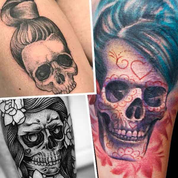 Татуировки черепов с женской причёской.