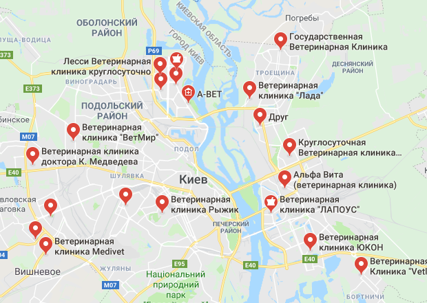 Концентрация ветеринарных клиник по Киеву