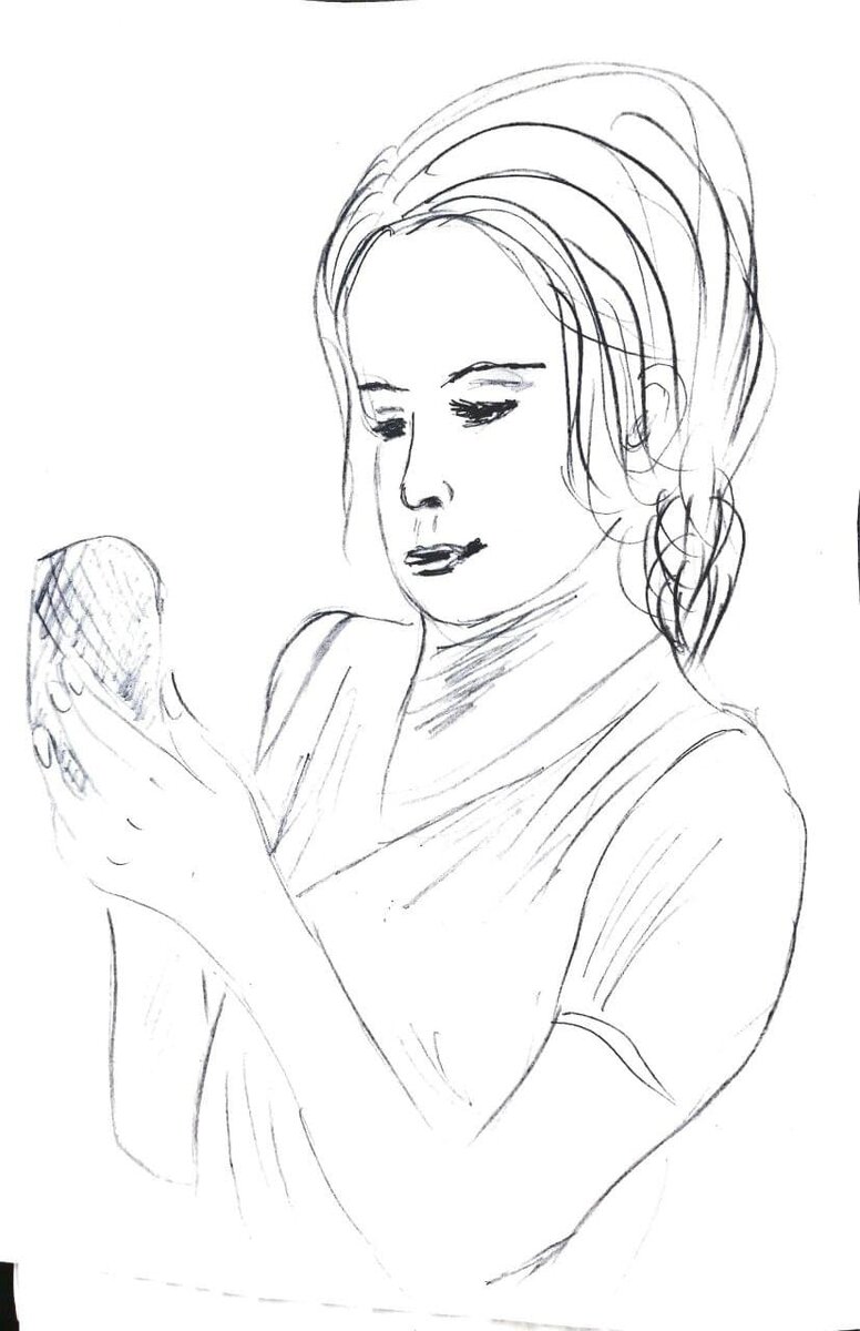 Девушка с телефоном. Рисунок карандашом.