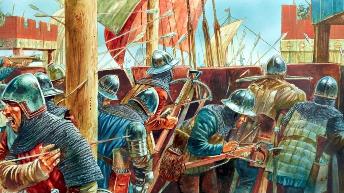 Арбалетчики на французском корабле в морском сражении при Слейсе, 1340 год. Художник: Peter Dennis