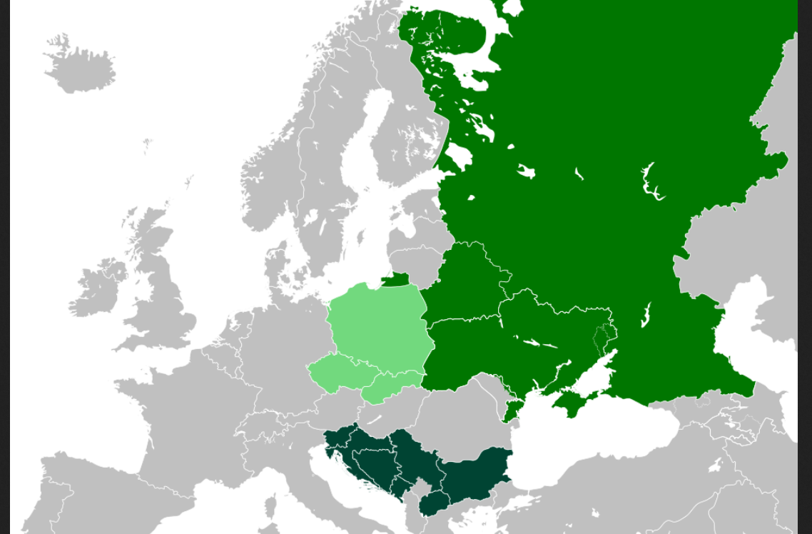 Славянские страны. Светло-зеленый - западнославянские, травянисто-зеленый - восточно-славянские, темно-зеленый - южно-славянские.