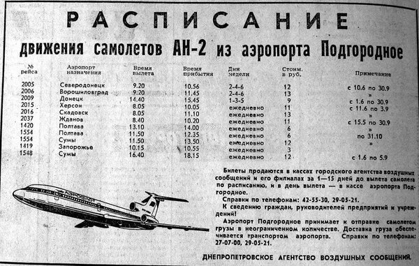 Расписание полётов из аэропорта Подгороднее Днепропетровской области. 1980-е