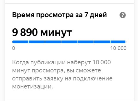 Последний скриншот до 10 000 минут просмотров за неделю. Далее этот виджет пропал и появилась возможность включить монетизацию на канале. 