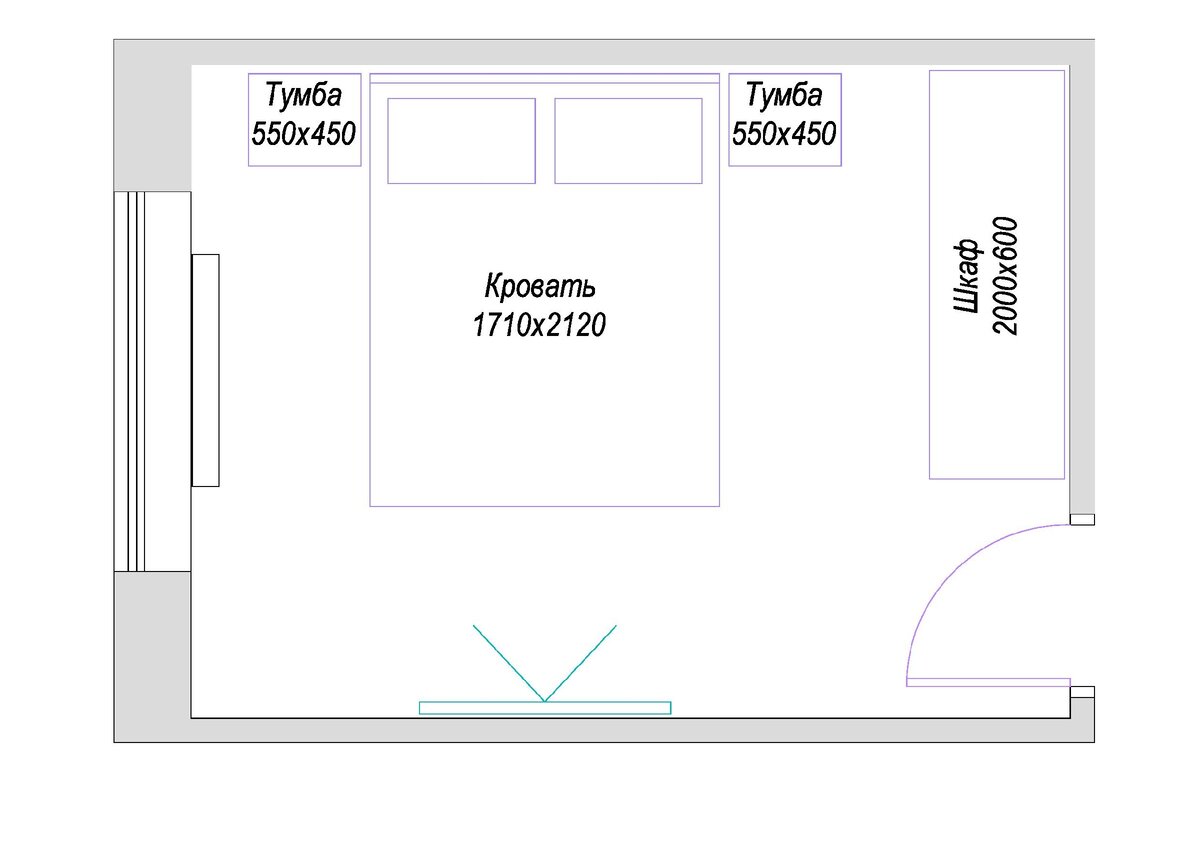 План спальни с мебелью чертеж