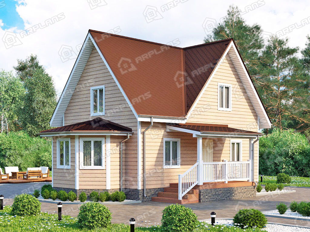 Фото 1 двухэтажного каркасного дома с мансардой, 2 спальнями и террасой. 100 кв м. Источник arplans.ru Проект И-078 