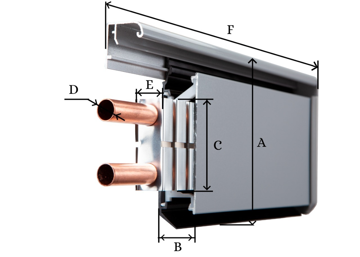 A — 140 мм — высота изделия, смонтированного на стене B — 30 мм — глубина плинтуса
C — 64 мм — высота греющего модуля
D — 15 мм — диаметр медной трубки
E — 23 мм — глубина греющего модуля
F — 2000 мм — длина цельного греющего модуля MAX