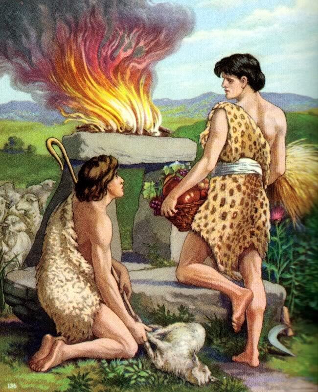 Каин и Авель приносят жертву Богу.