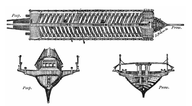 Общее расположение галеры. Вид сверху, с кормы (слева) и поперечное сечение