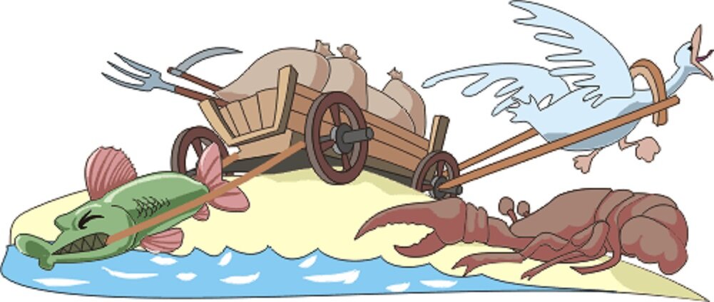 ИЛЛЮСТРАЦИЯ  К  БАСНЕ  И.С.  КРЫЛОВА "ЛЕБЕДЬ, ЩУКА И РАК".  В ШКОЛЕ  ЭТО ОБЫЧНАЯ   КАРТИНА,  ТОЛЬКО  ПЕРСОНАЖЕЙ  БОЛЬШЕ...