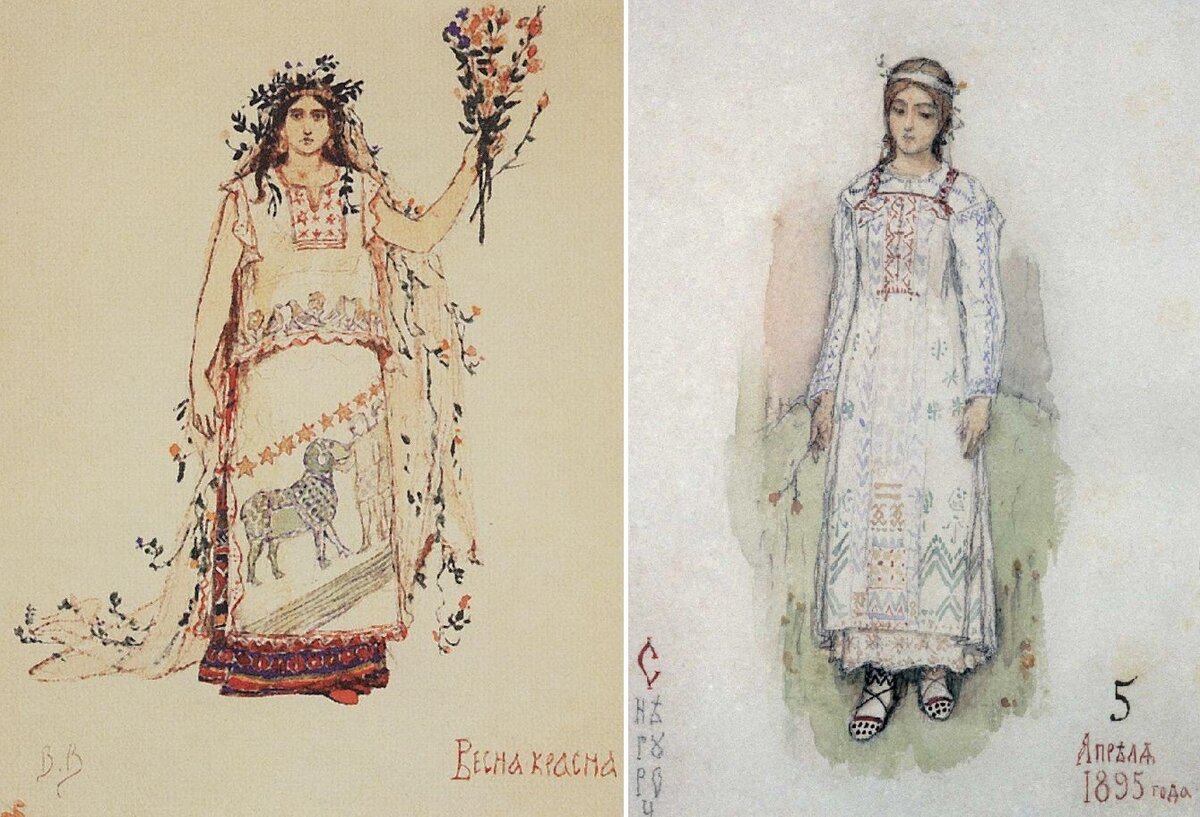 Костюмы Виктора Васнецова к опере. Интересно, что мать Снегурочки - Весна показана, как греческая Персефона, приносящая весну. Википедия.