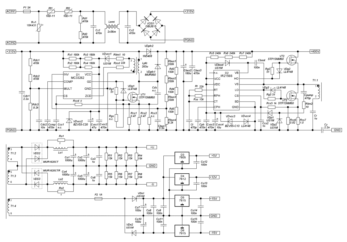 Принципиальная схема ИИП на базе IR2156 с КММ на базе MC33262 (соответствует печатной плате 2156PFC.01)