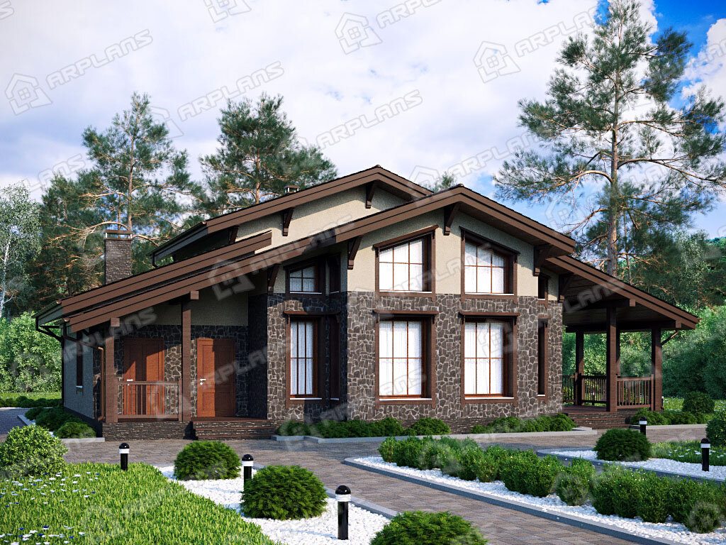 Фото 1 двухэтажного дома из блоков с мансардой, 5 спальнями, вторым светом, газовой котельной и террасой. Общая площадь 217 кв м. Источник arplans.ru Проект К-252