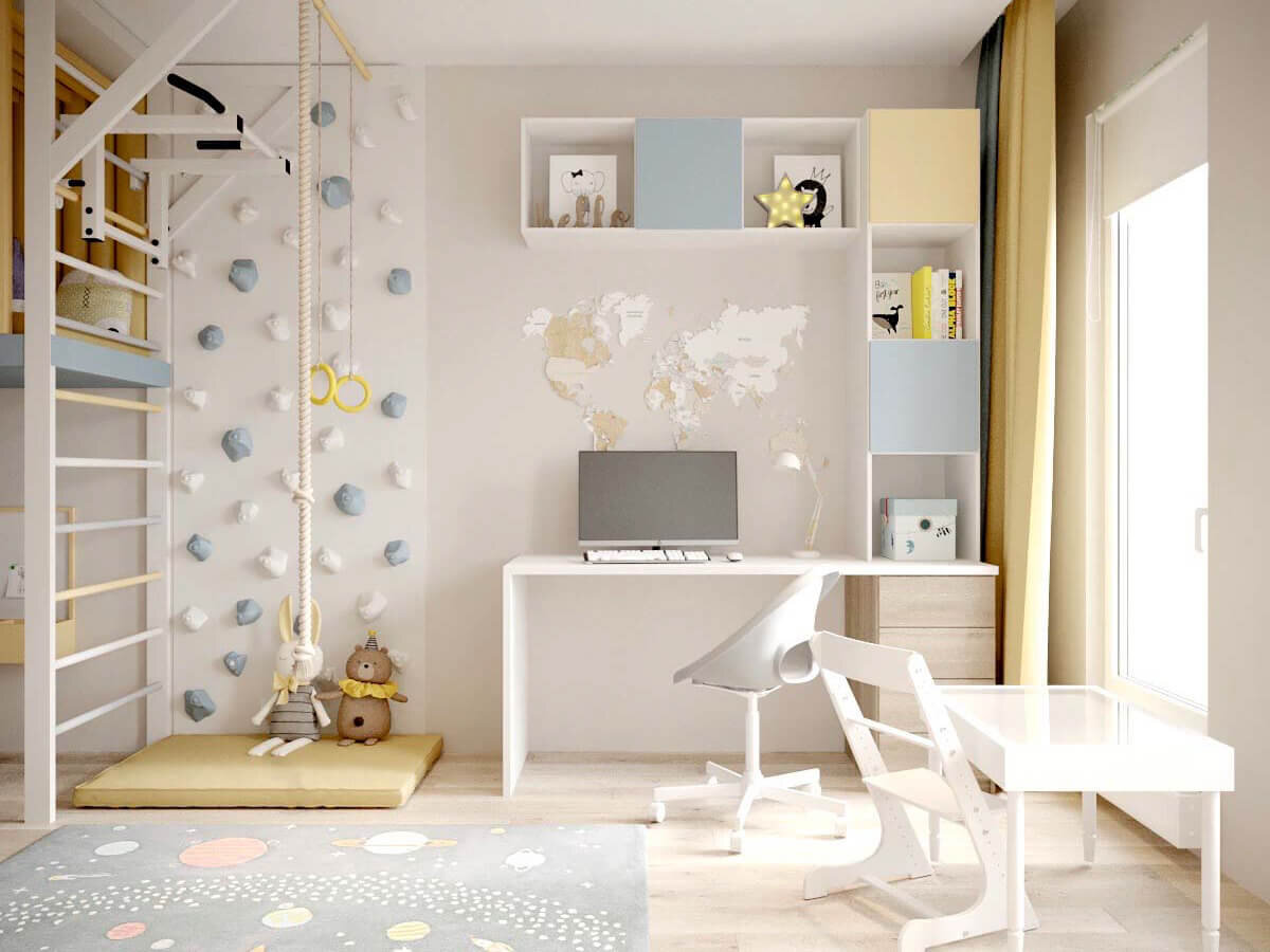 Практичная рабочая зона в светлых тонах