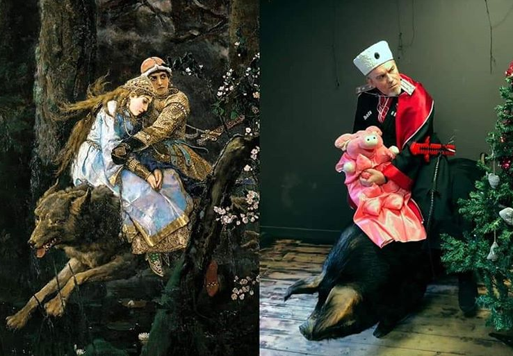 Художник Николай Копейкин на свинье в галерее «Свиное рыло»

