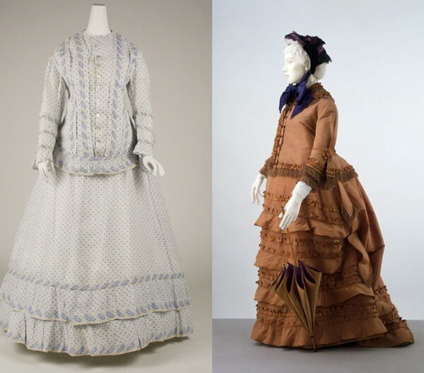 1. домашнее платье для беременных, 1860 г, Музей Метрополитан  2. наряд для прогулок,  1870г.