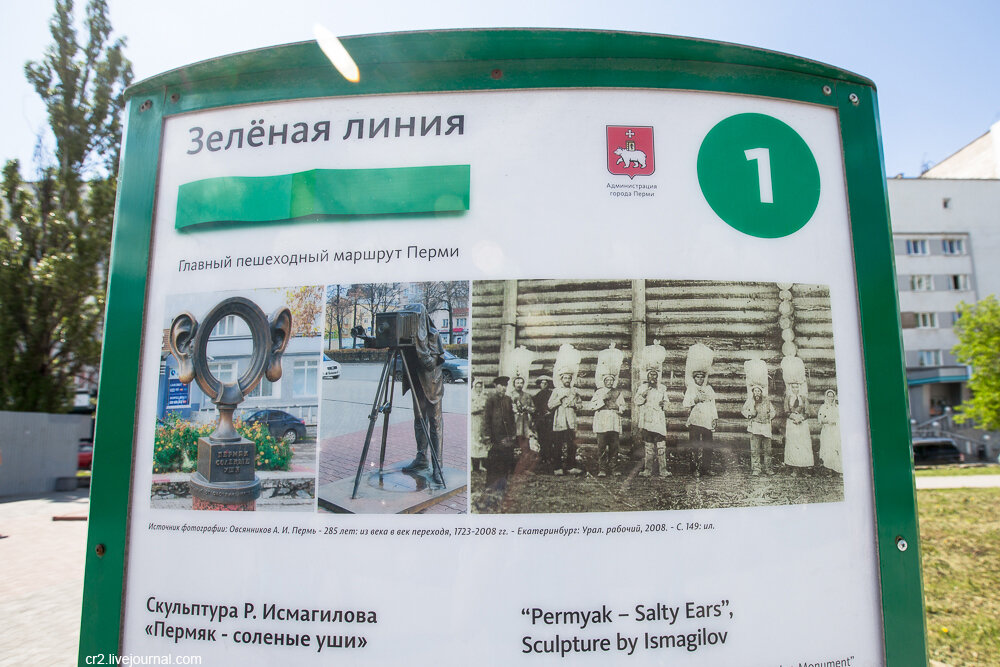 Описание скульптуры "Пермяк-солёные уши" в туристическом маршруте "Зелёная линия". Пермь 