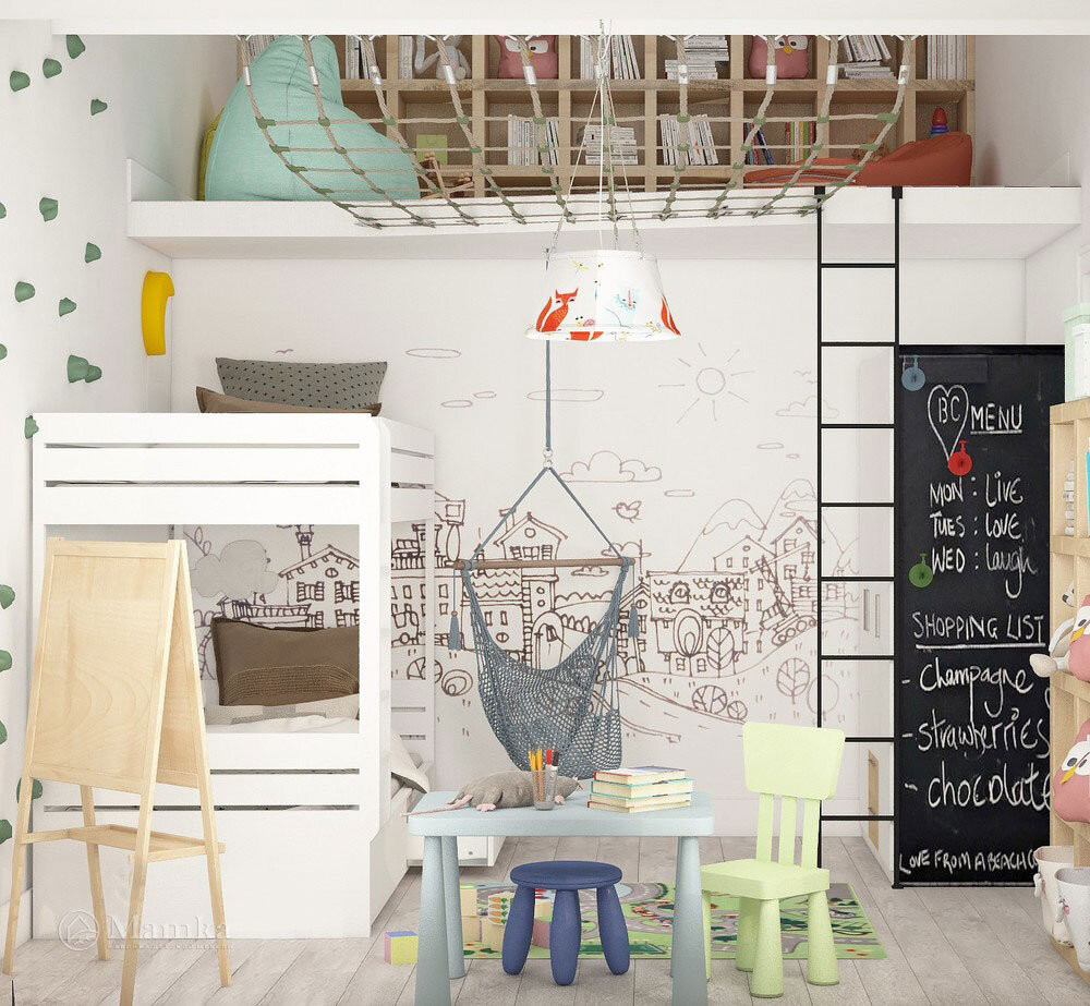 Дизайн детской для двоих разнополых детей с интересным декором 