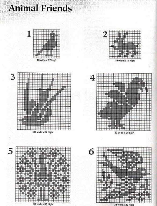 Схемы филейного вязания крючком. Животные и птицы.