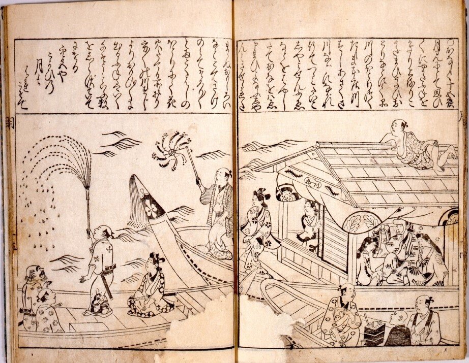 Первые фейерверки в эпоху Эдо. Иллюстрация из книги "Getsuji-no asobi (Monthly Amusements)", 1691 г., из хранения Edo-Tokyo Museum 