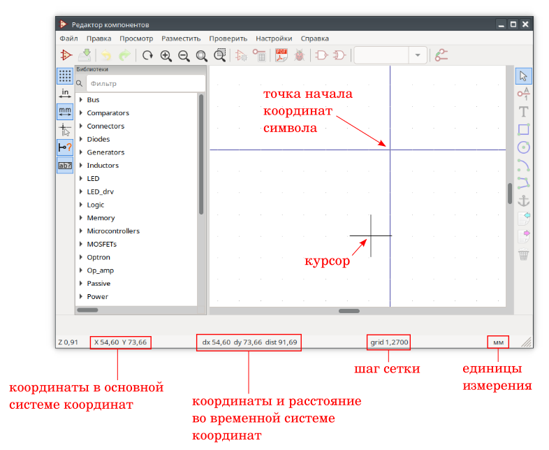 Отображение точки начала координат, позиции курсора, информации о сетке, информации о позиции курсора в окне редактора компонентов (символов). Иллюстрация моя