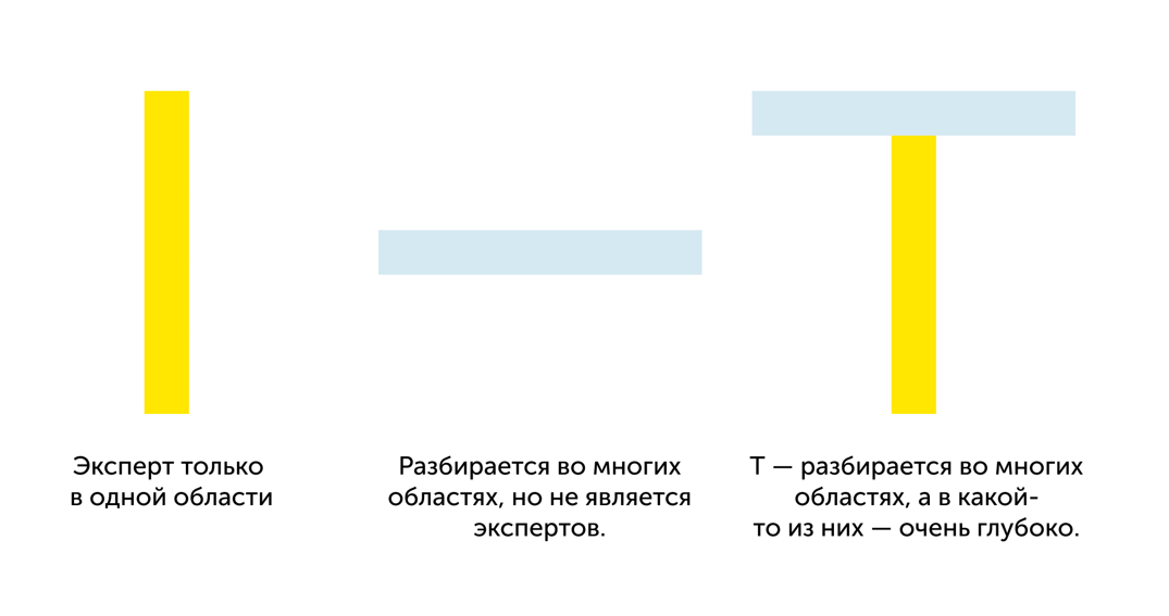 Вертикальная линия T показывает глубину знаний в какой-то области. Горизонтальная - широту компетенций.