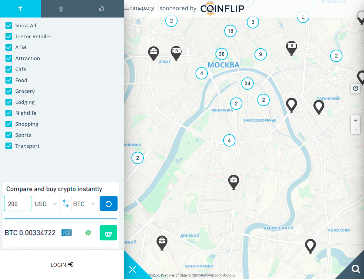 Где принимают к оплате биткоины в Москве — карта с сайта coinmap.org