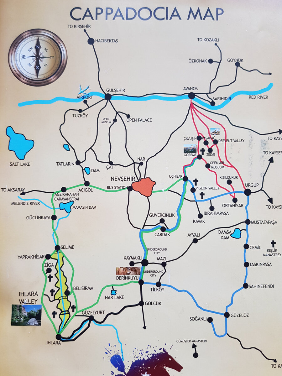 Карта Каппадокии с красным, синим и зелёным турами.