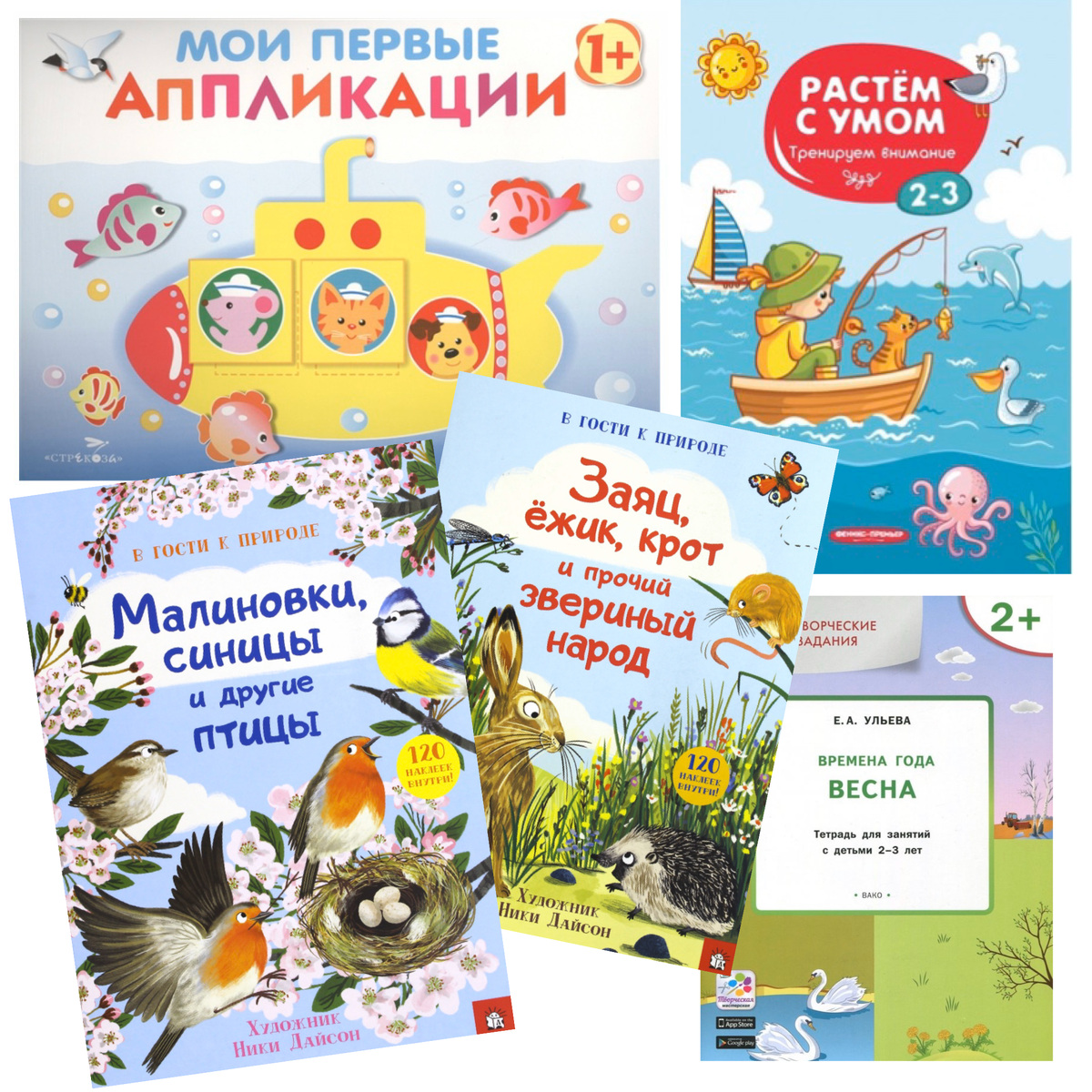 Одно из пособий "Мои первые аппликации" , пособие "Растём с умом. Тренируем внимание", «Времена года. Весна» 2-3, Е.А.Ульева, «В гости к природе. Заяц, ёжик, крот и прочий звериный народ» и «Малиновки, синицы и другие птицы»