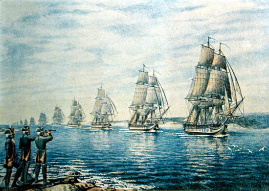 Е. Августинович. Эскадра вице-адмирала Ф.А. Клокачева входит в Ахтиарскую бухту