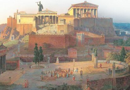 Парфенон и пропилеи, вид с холма ареопага. Реконструкция Л. фон Кленце, 1846 г. Новая пинакотека, Мюнхен