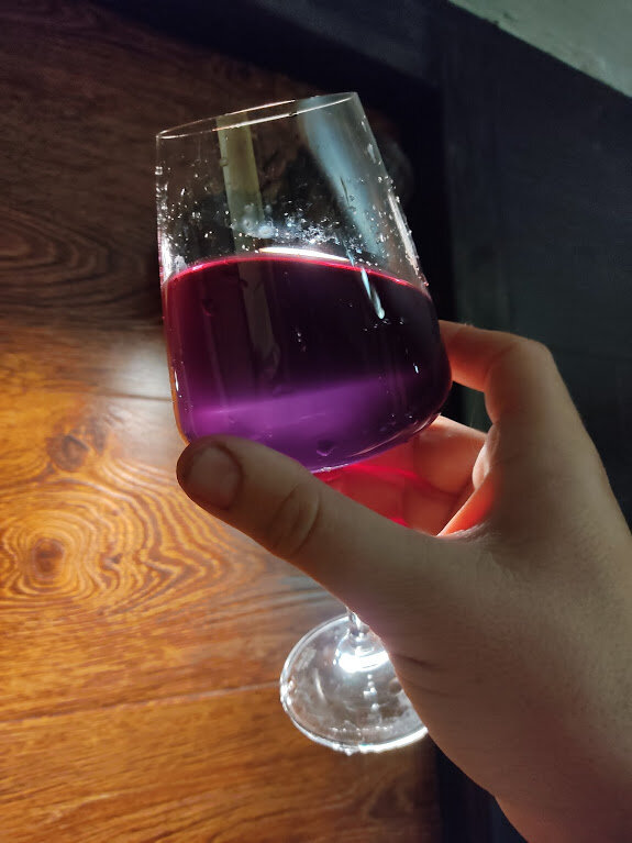 Цвет молодого вина из Изабеллы на свету очень интересен.