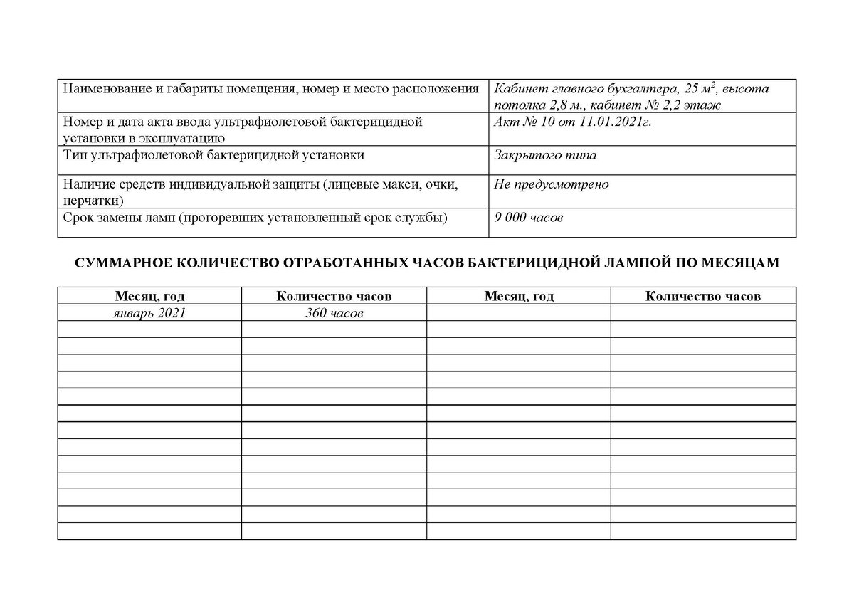 Журнал обработки бактерицидных ламп образец заполнения