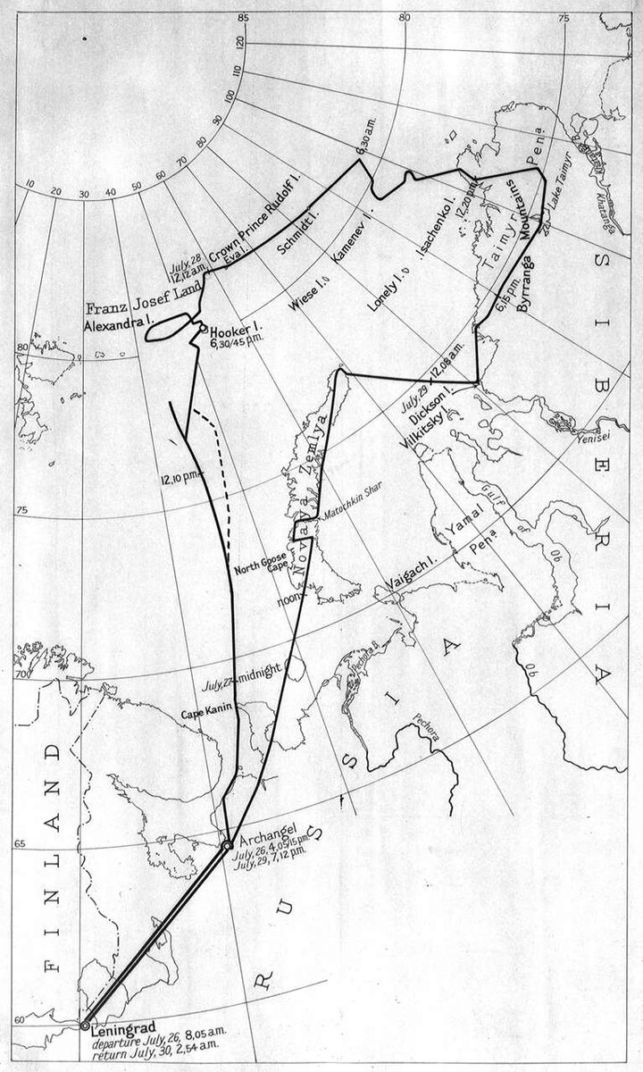 Маршрут полёта дирижабля «Аэроарктик» в 1931 г. Отмечена Земля Александры, где в 1943-1944 гг. располагалась немецкая база «Кладоискатель»