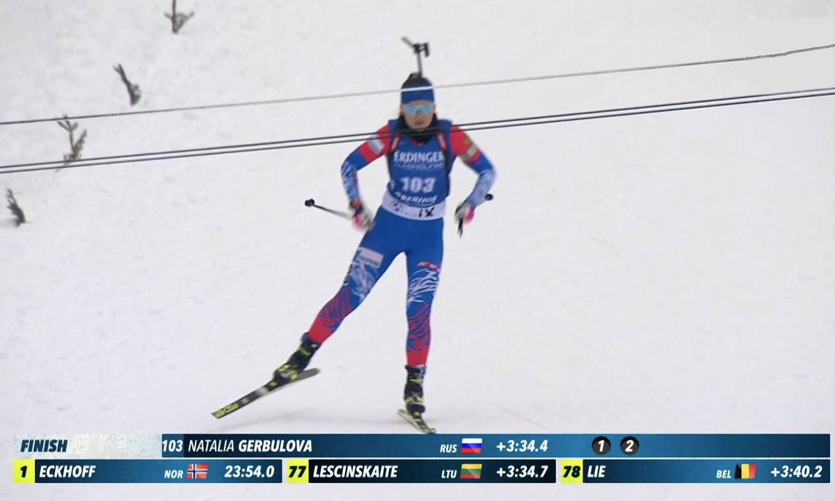 Наталья Гербулова на финише спринтерской гонки Оберхофа, Кубок мира (2020/2021).