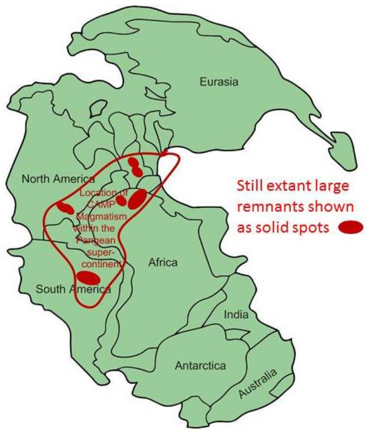 Карта Пангеи, показывающая расположение крупных остаточных элементов Центрально-Атлантической магматической провинции (CAMP)