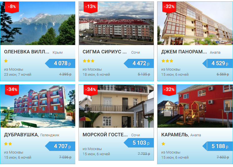 Стоимость туров в Сочи, Крым и Анапу из Москвы включая авиаперелёт в июне 2020 меньше 5000₽