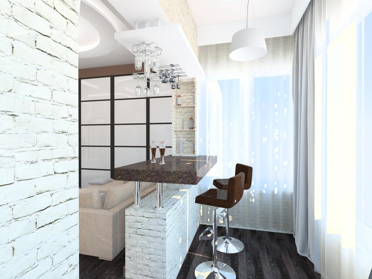 Устройство барной стойки на месте подоконника балконного блока. Фото заимствовано с сайта https://dmrealty.ru