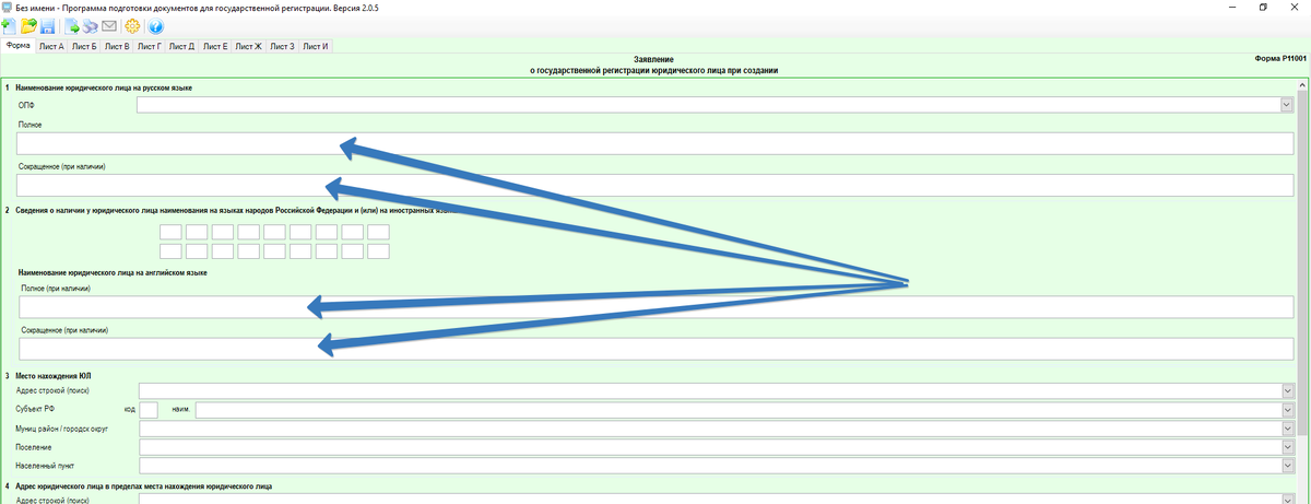 В эти графы вводятся данные по наименованию. 