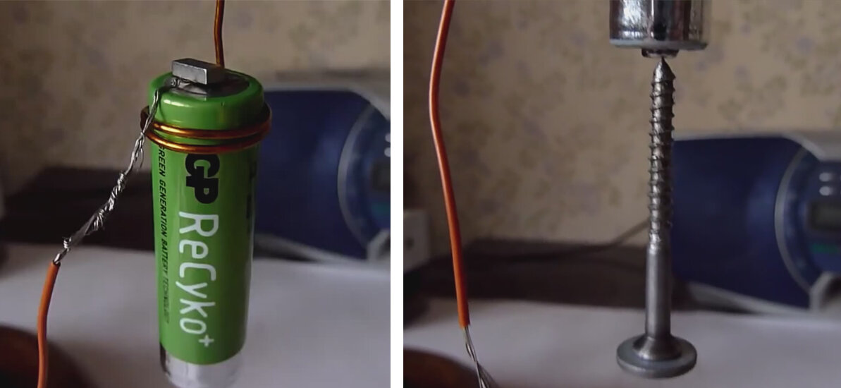 Конструкция униполярного  двигателя на батарейке и саморезе