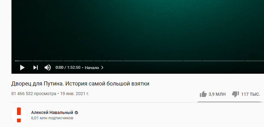 Скриншот с YouTube -канала Алексея Навального. От 24 января 2021 года.