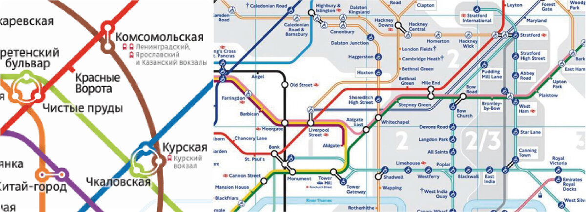 (Рис. 3 – схема линий Московского метрополитена, созданная в студии Артемия Лебедева, рис. 4 – схема линий метро Лондона - London Underground)