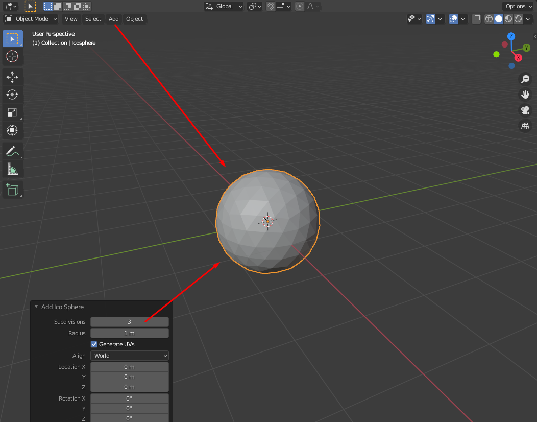 Добавление и подразделение предмета "Ico Sphere".