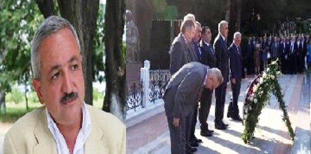 Фото из открытых источников. Кланяющийся на могиле у памятника Г.А. Алиеву В.Б. Мустафаев.