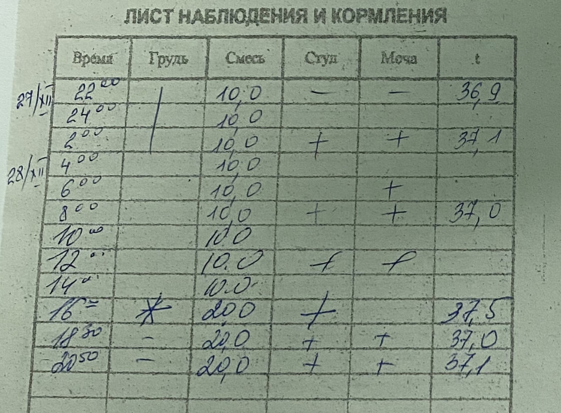 Лист наблюдений у одной из малышек. У второй точно такой же 