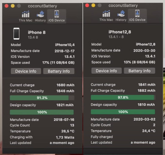 Показания программы coconutBattery. Аккумуляторы обоих устройств не имеют износа
