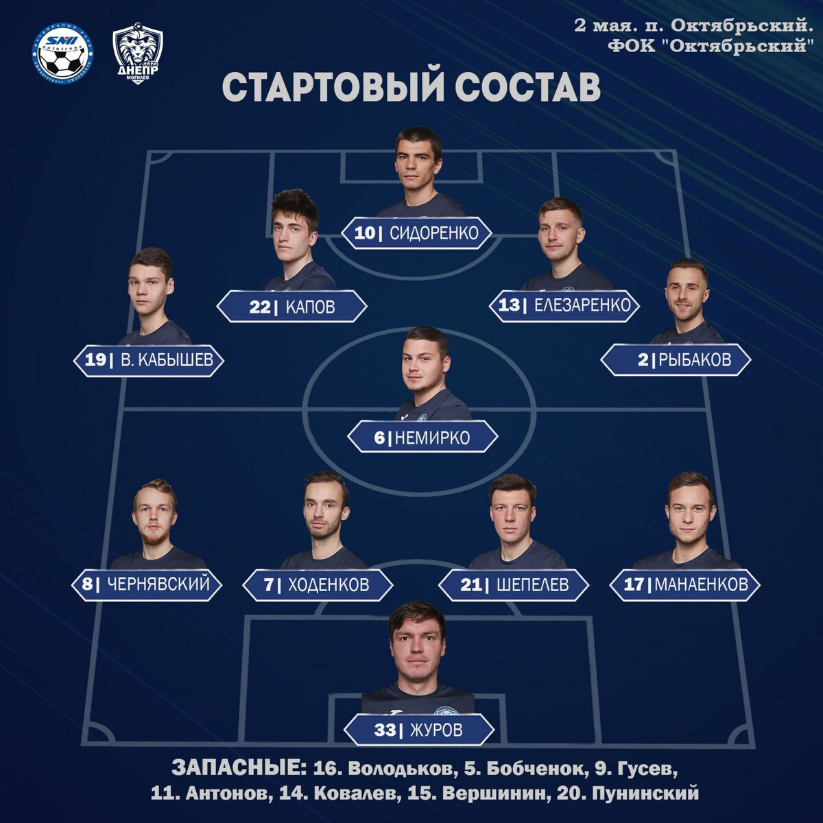 Стартовый состав «Днепр-Могилёв» на игру с «СМИавтотранс» 2 мая. Фото: официальная группа ФК «Днепр-Могилёв» во вКонтакте.