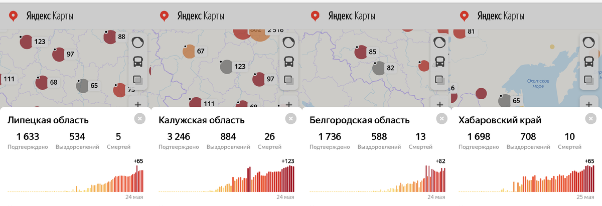 Ежедневное увеличение прироста новых случаев заболевания коронавирусом в некоторых регионах. Источник: Карта распространения коронавируса в России и мире, Яндекс Карты.