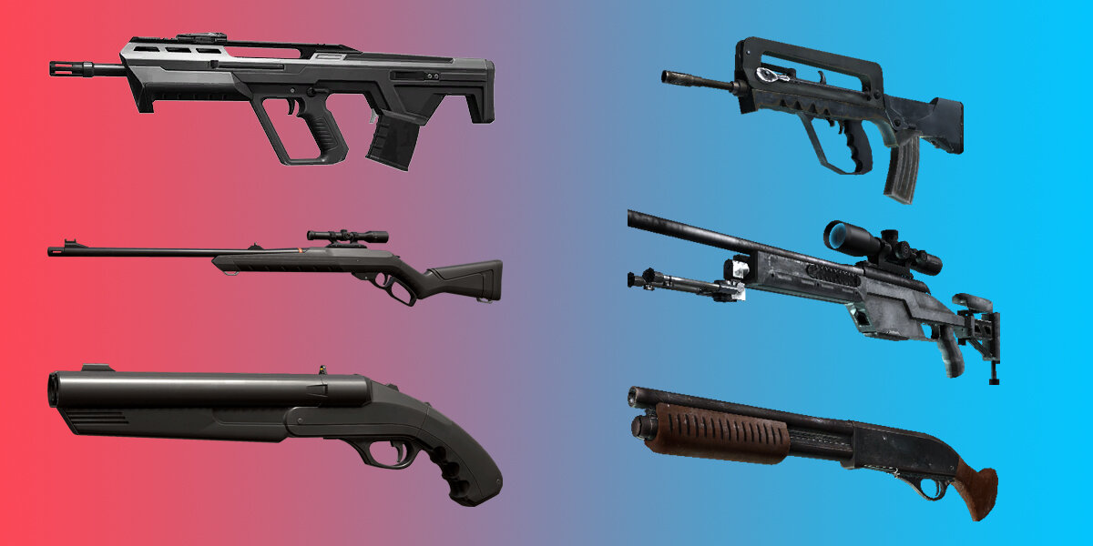 Сравнение оружия из Valorant (слева) и CS:GO
