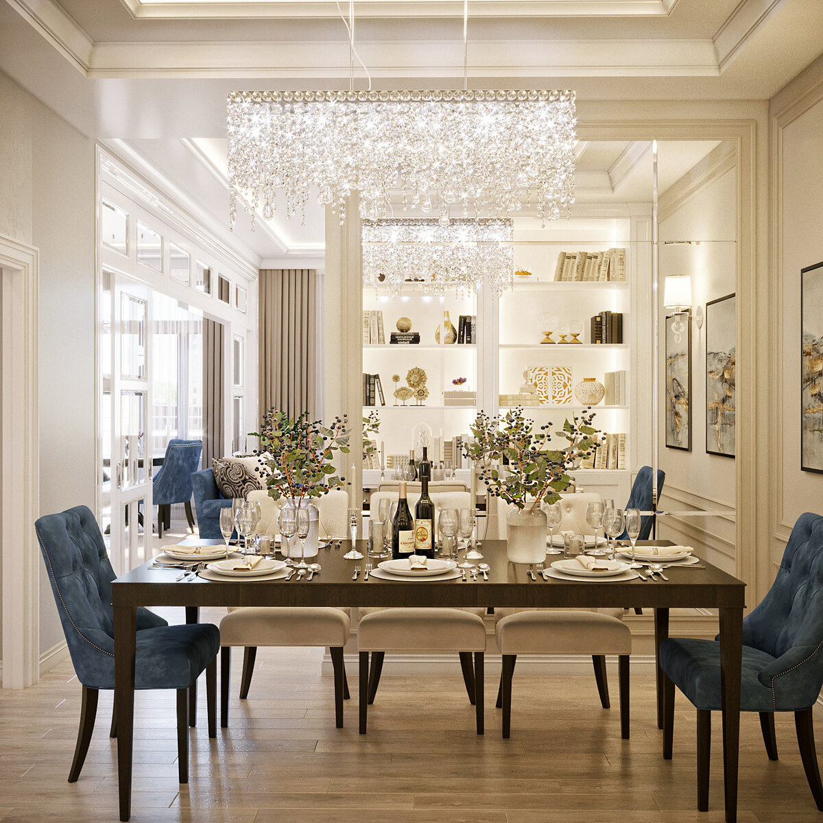 Освещение, шторы и декоративное оформление стильной кухни в неоклассическом стиле.