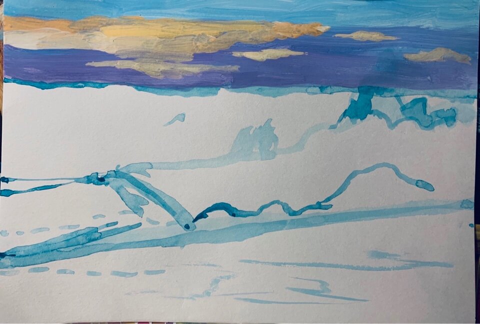 Рисуем основные линии- линию горизонта, волну. Закрываем небо.